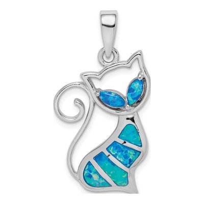 Sterling Silver Lab-Created Opal Cat Pendant
