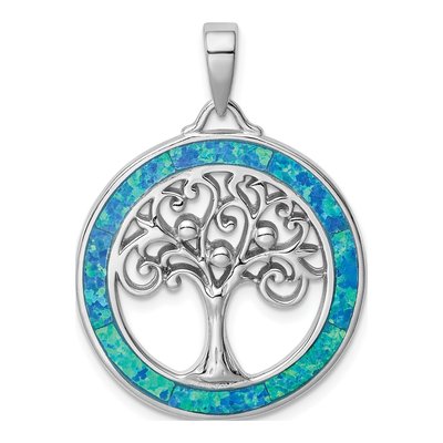Sterling Silver Lab-Created Opal Tree Circle Pendant