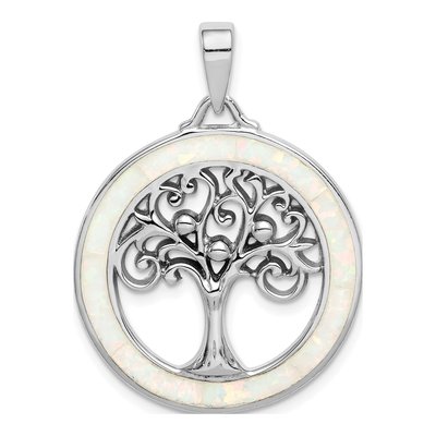 Sterling Silver Lab-Created Opal Tree Circle Pendant