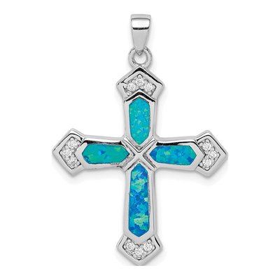 Sterling Silver Lab-Created Opal & CZ Cross Pendant