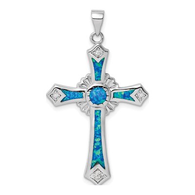 Sterling Silver Lab-Created Opal & CZ Cross Pendant