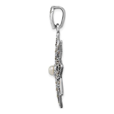 Sterling Silver Simulated Pearl Marcasite Flower Pendant – view 3