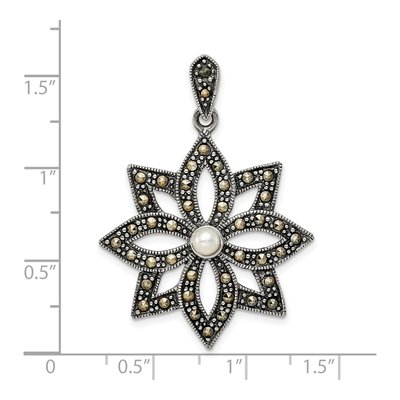 Sterling Silver Simulated Pearl Marcasite Flower Pendant – view 5