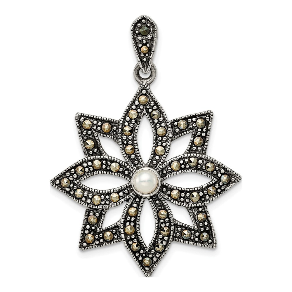 Sterling Silver Simulated Pearl Marcasite Flower Pendant