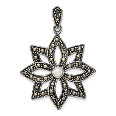Sterling Silver Simulated Pearl Marcasite Flower Pendant