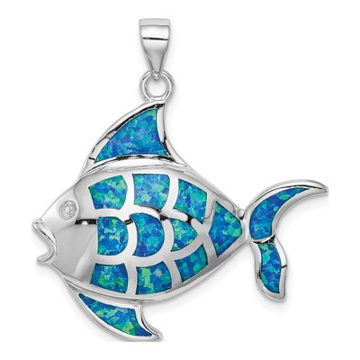 Sterling Silver Lab-Created Opal Fish Pendant