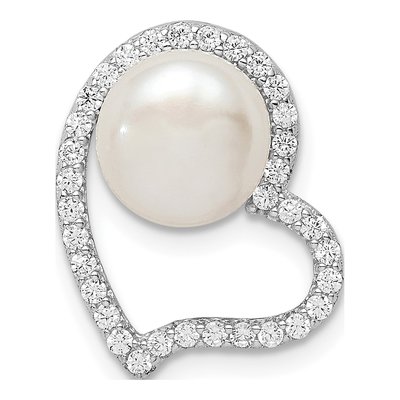 Sterling Silver Freshwater Cultured Pearl & CZ Heart Shell Slide Pendant