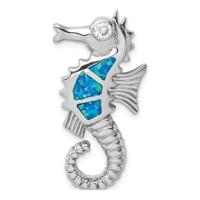 Sterling Silver Lab-Created Opal & CZ Seahorse Slide Pendant