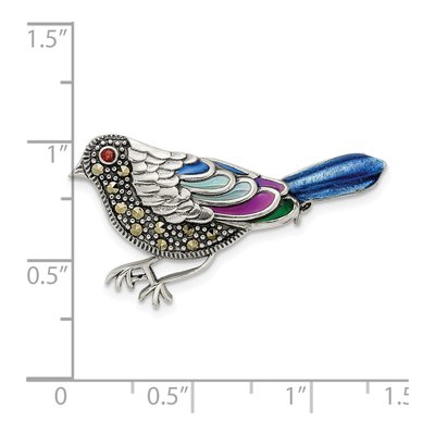 Sterling Silver Marcasite & Garnet Bird Brooch – view 4