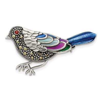 Sterling Silver Marcasite & Garnet Bird Brooch