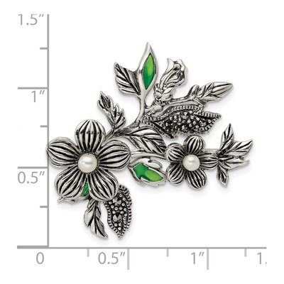 Sterling Silver Marcasite Pearl Floral Brooch Pin – view 4
