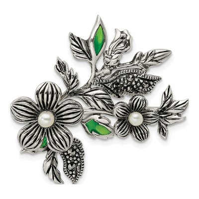 Sterling Silver Marcasite Pearl Floral Brooch Pin