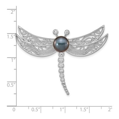 Sterling Silver Black Pearl & CZ Dragonfly Brooch – view 3