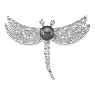 Sterling Silver Black Pearl & CZ Dragonfly Brooch