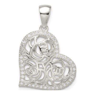 Sterling Silver CZ Roses Heart Pendant