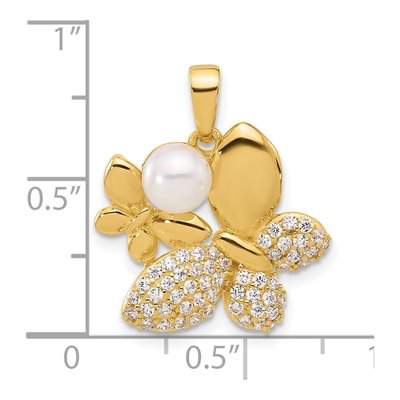 Gold-Plated Sterling Silver Freshwater Cultured Pearl & CZ Butterfly Pendant – view 4