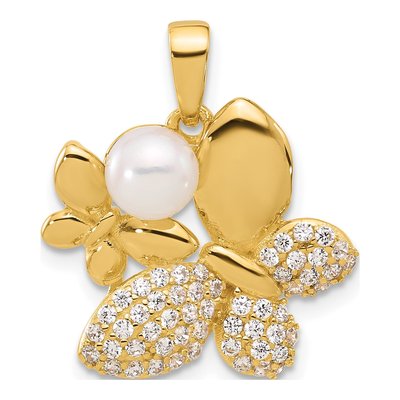 Gold-Plated Sterling Silver Freshwater Cultured Pearl & CZ Butterfly Pendant
