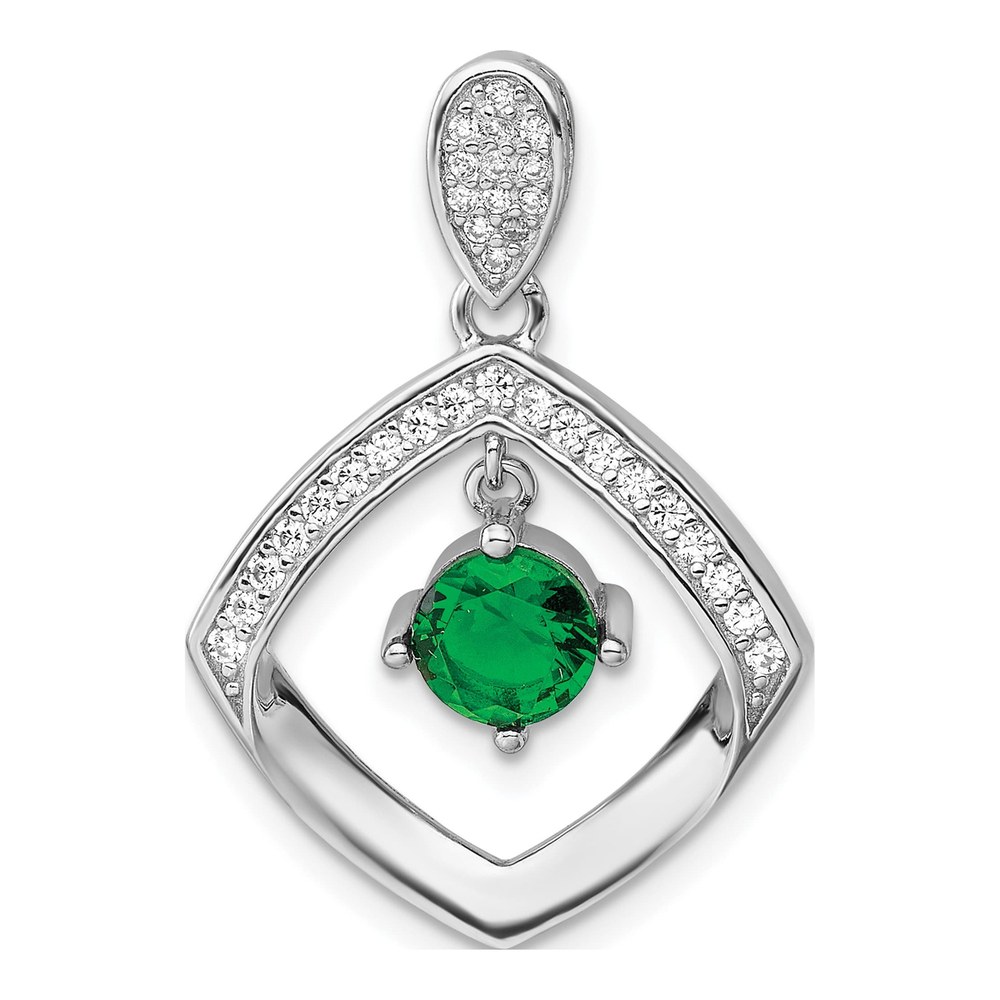Sterling Silver CZ Rh-Pltd Glass Clear Fancy Square Pendant
