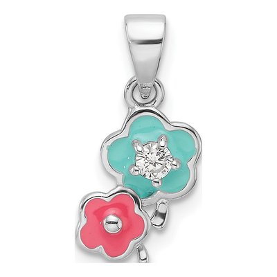 Sterling Silver CZ Girls' Enamel Flower Pendant