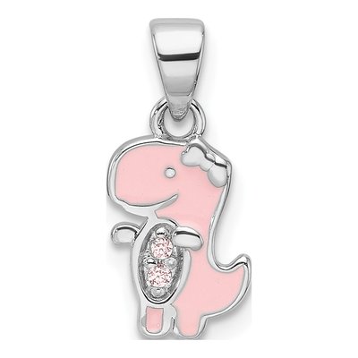 Sterling Silver CZ Girls' Enamel Dinosaur Pendant