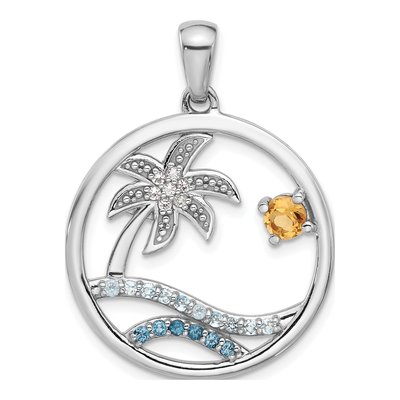 Sterling Silver Citrine & Swiss Blue Topaz Multi-Gemstone Palm Tree Pendant