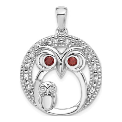 Sterling Silver Garnet & CZ Owl Pendant