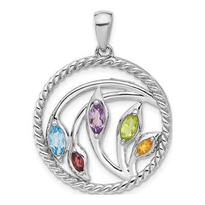 Sterling Silver Swiss Blue Topaz & Garnet Rainbow Multi-Gemstone Pendant