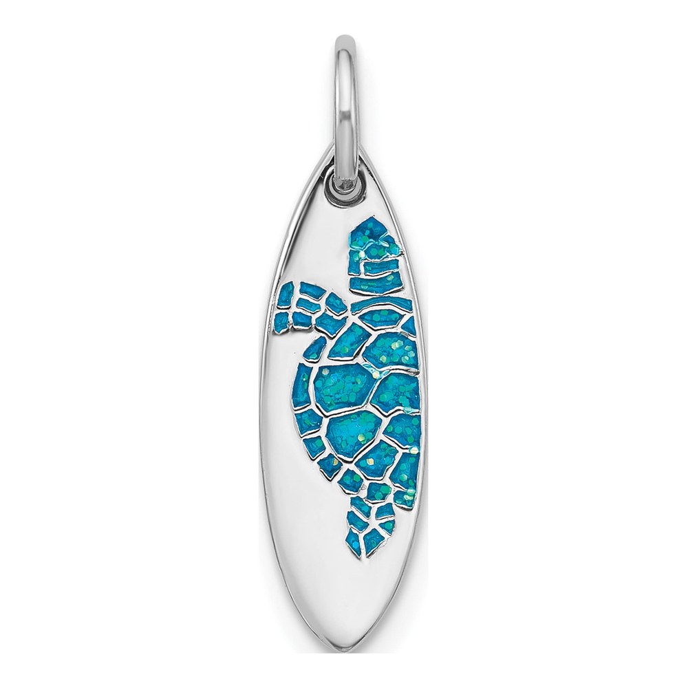 Sterling Silver Rhodium-Plated Polished Blue Enamel Turtle Surfboard Pendant