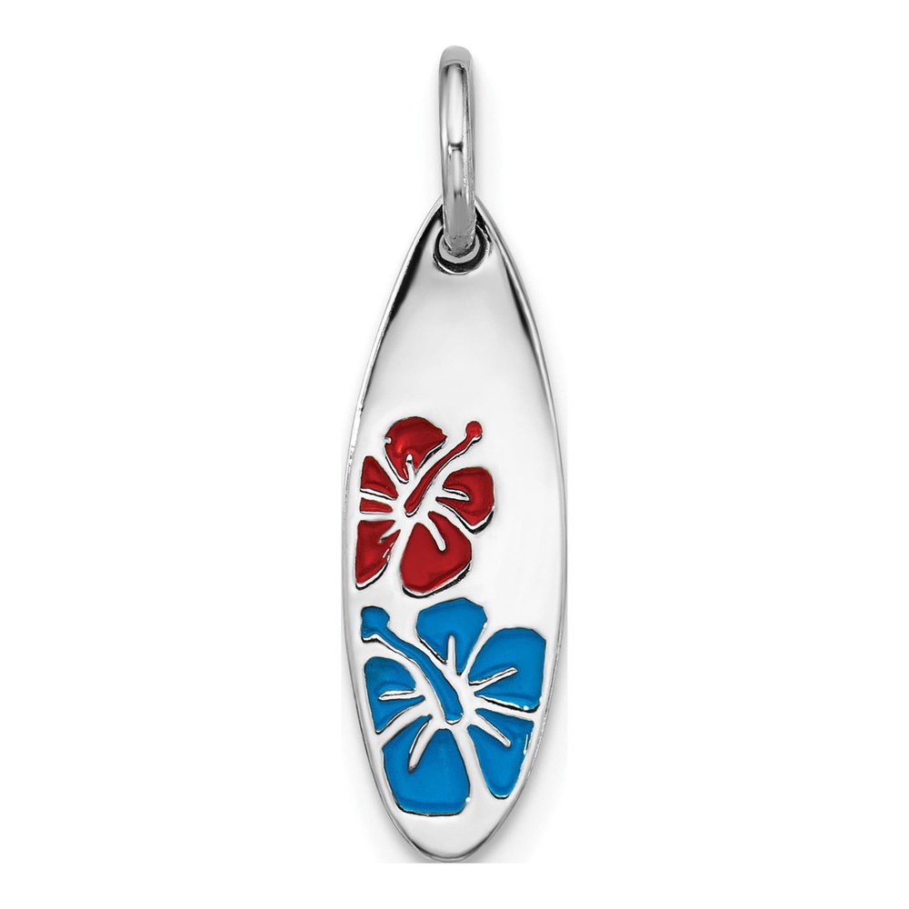 Sterling Silver Rhodium-Plated Polished Enamel Flower Surfboard Pendant