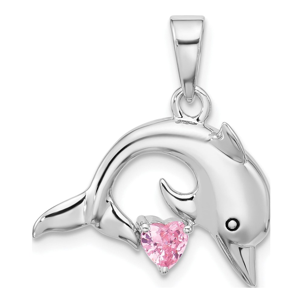 Sterling Silver Rhodium-Plated Polished And Antiqued Pink Cz Dolphin Pendant