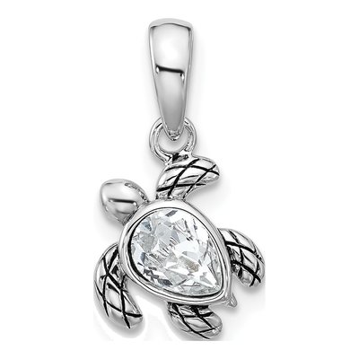 Sterling Silver Crystal April Birthstone Turtle Pendant