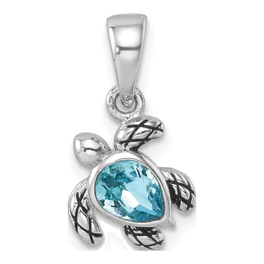 Sterling Silver Rhodium-Plated Polished And Antiqued Crystal March Turtle Pendant