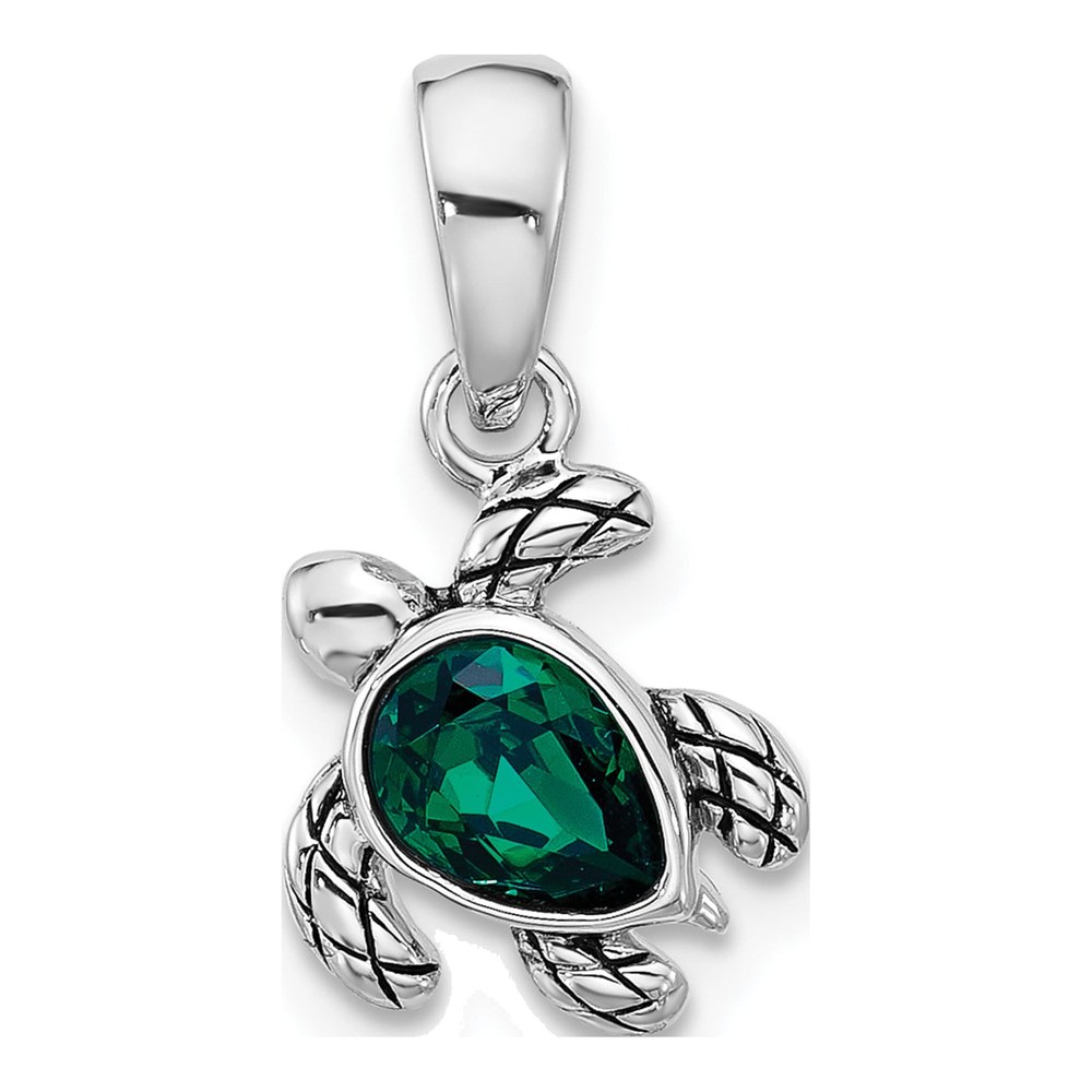 Sterling Silver Rhodium-Plated Polished And Antiqued Crystal May Birthstone Turtle Pendant