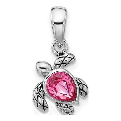 Sterling Silver Crystal October Turtle Pendant