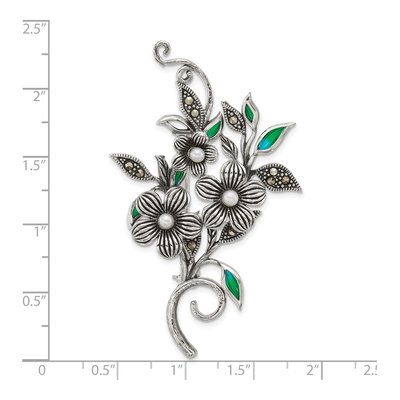 Sterling Silver Marcasite Pearl Floral Pin – view 4