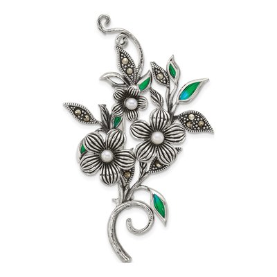 Sterling Silver Marcasite Pearl Floral Pin