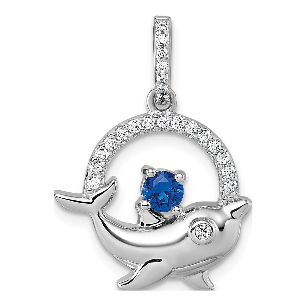 Sterling Silver Rhodium-Plated Round Blue And White Cz Dolphin In Circle Pendant