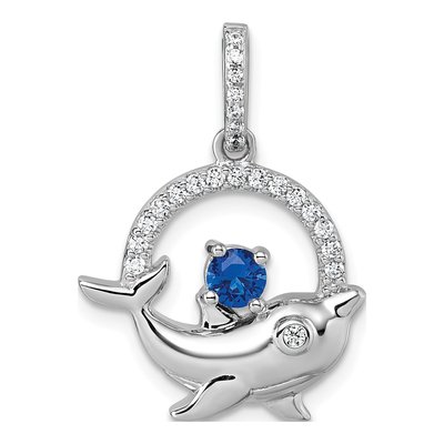 Sterling Silver CZ Dolphin Circle Pendant