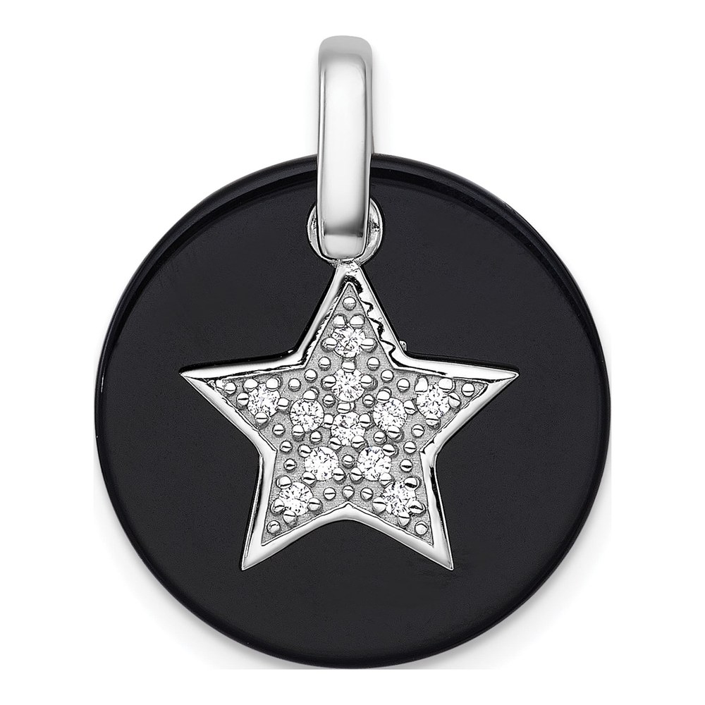 Sterling Silver Rhodium-Plated Polished Onyx Circle With Cz Star Dangle Pendant