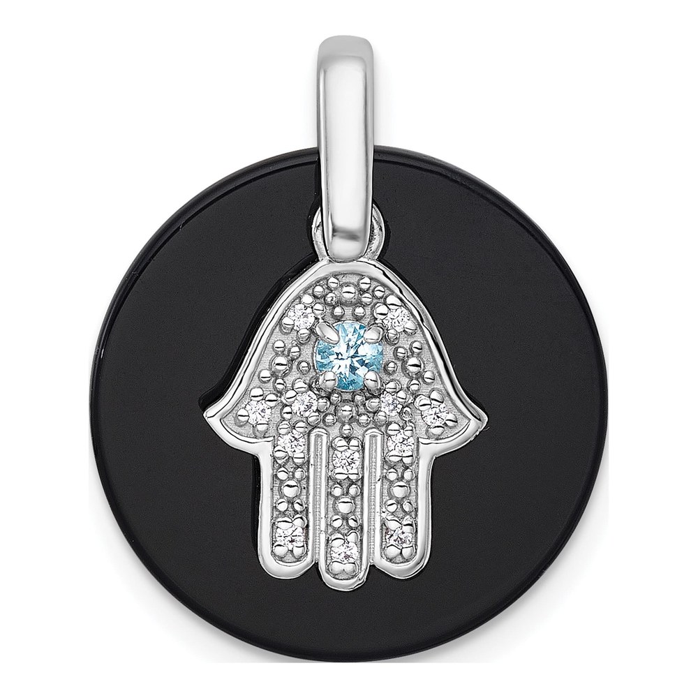 Sterling Silver Rhodium-Plated Polished Onyx Circle With Light Swiss Blue Topaz And Cz Hamsa Dangle Pendant