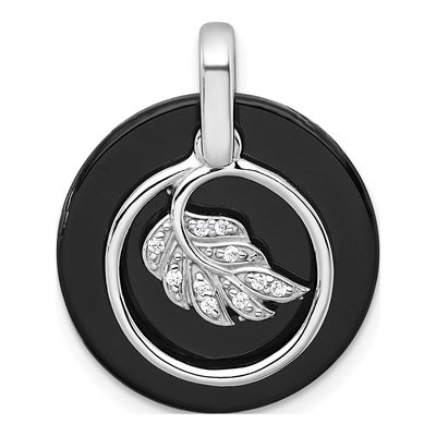 Sterling Silver Onyx & CZ Circle Leaf Pendant