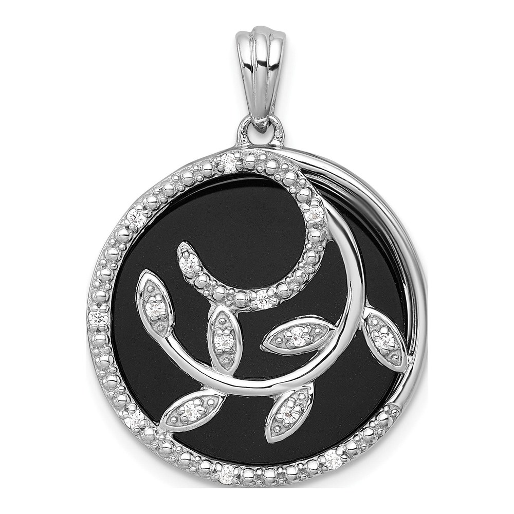 Sterling Silver Rhodium-Plated Polished Onyx Circle And Cz Leaves Pendant