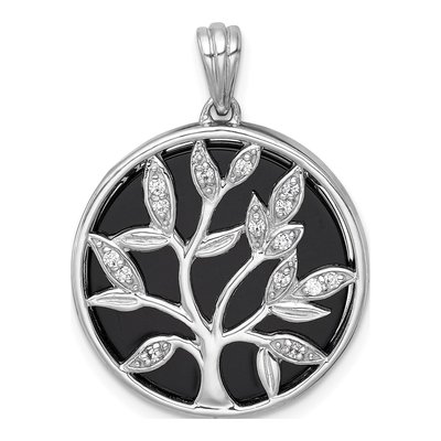 Sterling Silver Onyx CZ Tree of Life Pendant