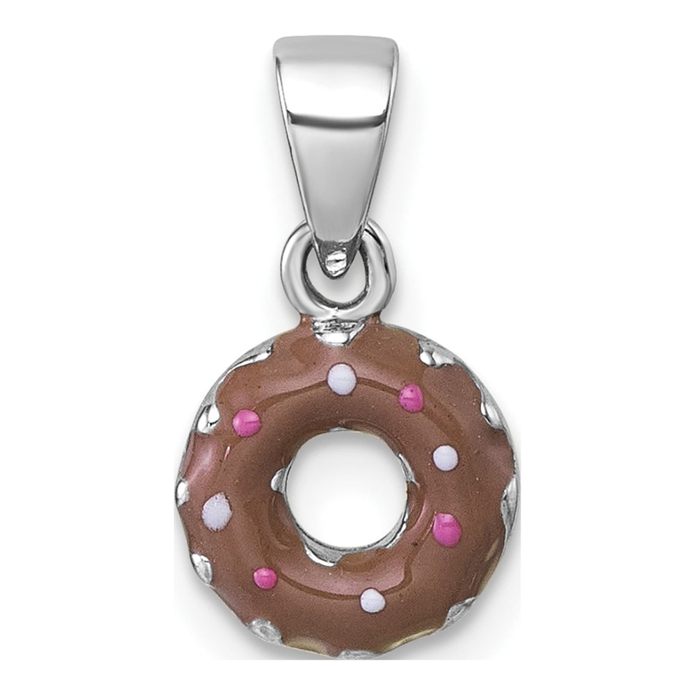 Sterling Silver Rhodium-Plated Children's Brown With Pink And White Enamel Sprinkled Donut Pendant
