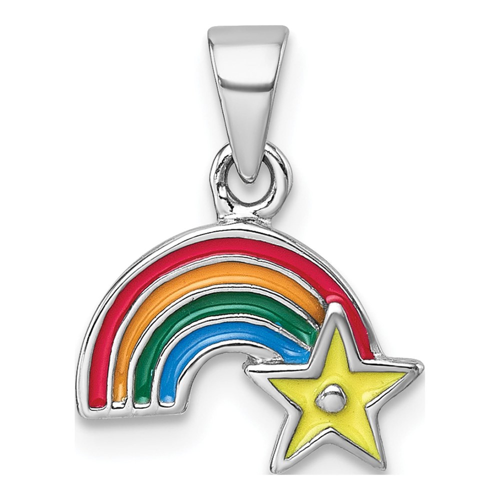 Sterling Silver Rhodium-Plated Children's Multicolor Enamel Rainbow With Star Pendant