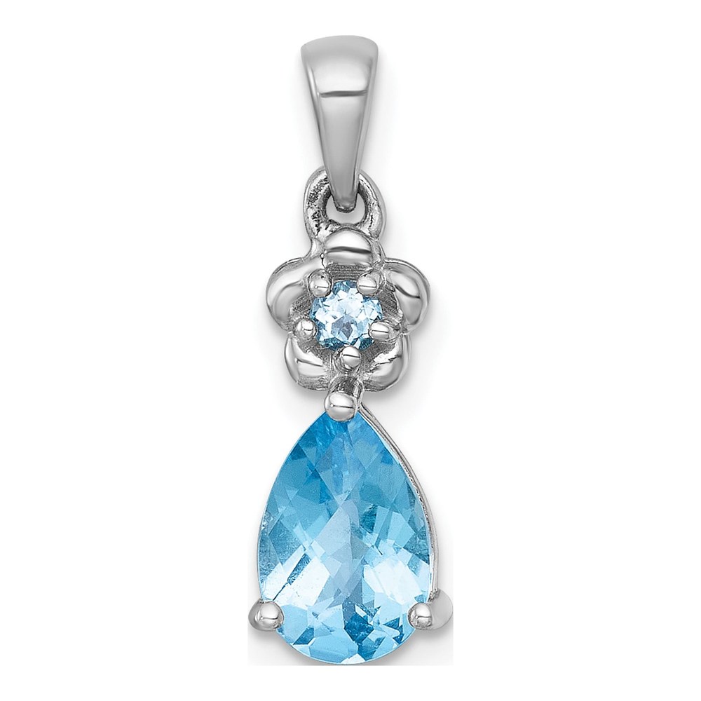Sterling Silver Rhodium-Plated Polished Light Swiss Blue Topaz Teardrop And Flower Pendant