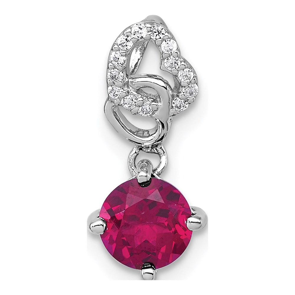 Sterling Silver Rhodium-Plated Polished Round Lab Created Ruby And Cz Dangling Heart Chain Slide Pendant
