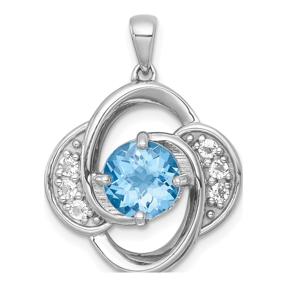 Sterling Silver Rhodium-Plated Polished Checker-Cut Round Light Swiss Blue Topaz And White Topaz Pendant