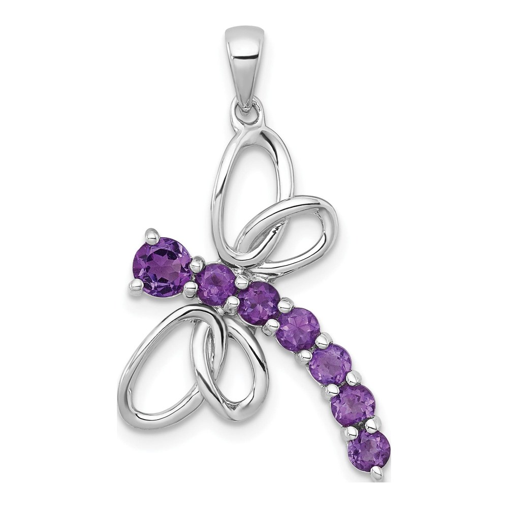Sterling Silver Rhodium-Plated Polished Amethyst Dragonfly Pendant