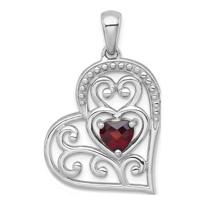 Sterling Silver Garnet Filigree Heart Pendant